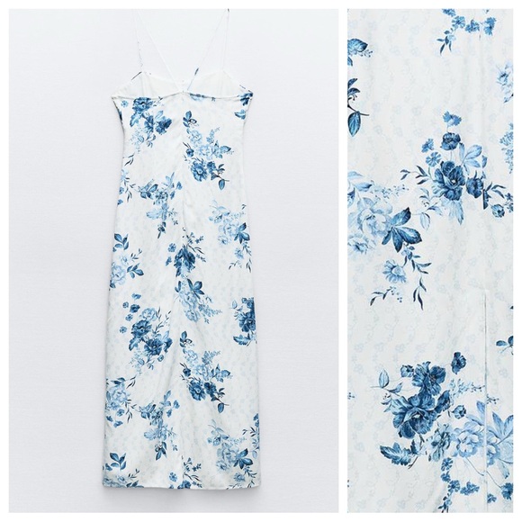 NWT. Zara White/Blue Floral Print Lingerie Style Midi Dress. Size L. - Picture 5 of 10
